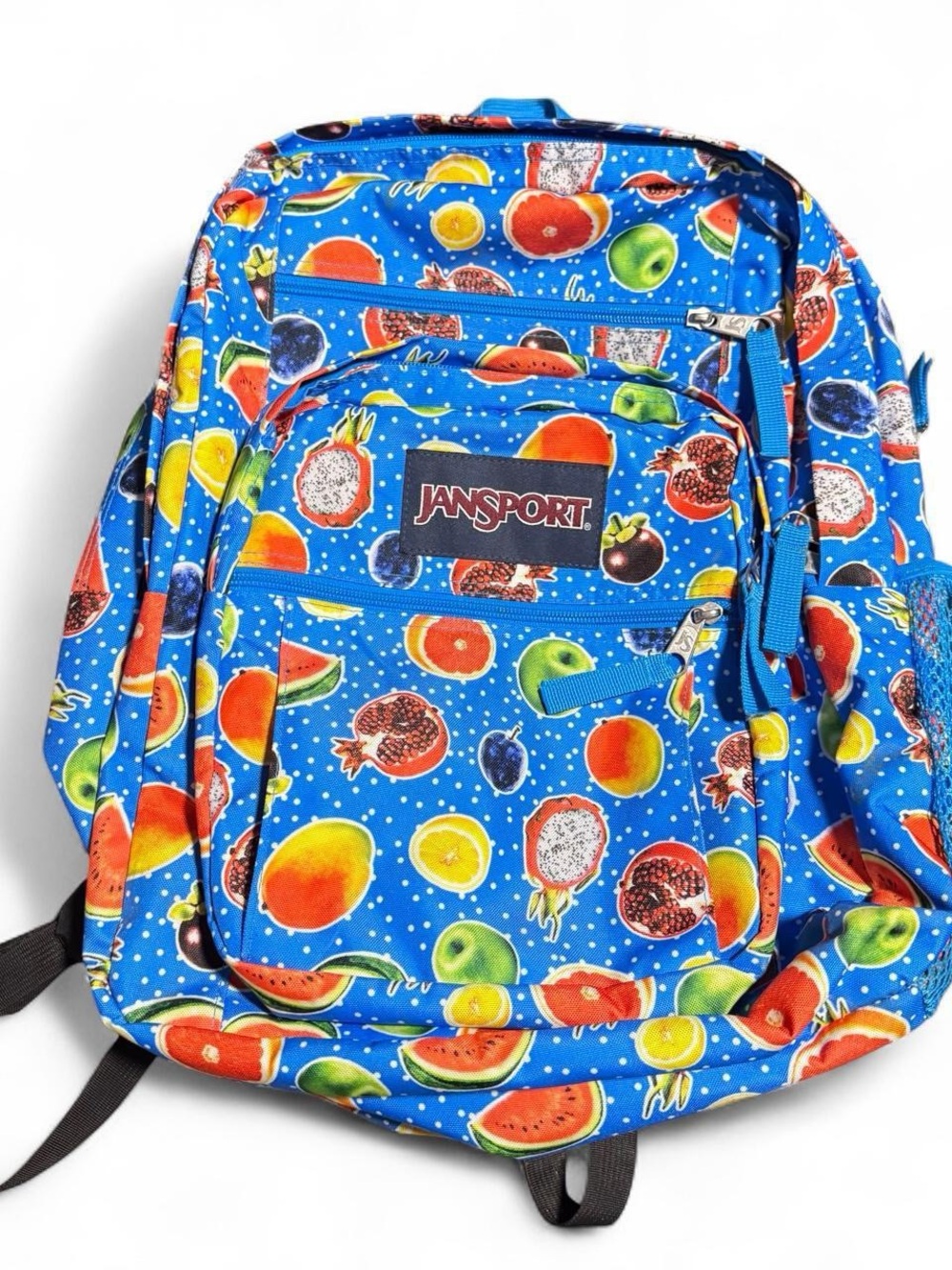 Jansport Bright Blue Kids Backpack with Colorful Fruit Print